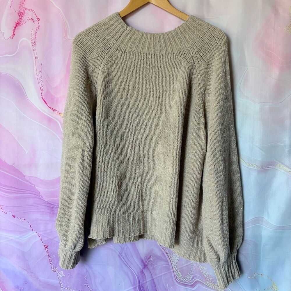 Mudpie L Beige Chunky Knit Metallic Accent Sweater Preppy Glam Boardwalk Coastal